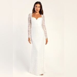 LULUS SIZE L My Truest Love White Lace Long Sleeve Mermaid Maxi Dress wedding